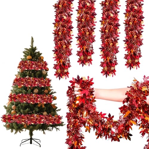 5er 2M Weihnachtsbaum Lametta Girlande, Girlande Weihnachten Mit 100 LED Licht Weihnachtsgirlande Rotgold Braun Glänzende Metallische Mit Ahornblättern Christbaumschmuck Für Drinnen (A) von Timasser