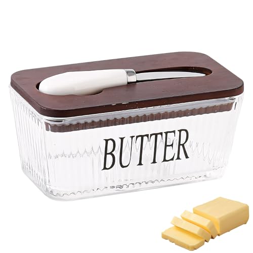 Butterdose Glas, Butterdosen Für 250g Butter rechteckige Butterglocke Butterdosen Multifunktional Klare Butterdose Glas Mit Deckel Butterschale Spülmaschinenfest (Dunkle Holzfarbe – Gestreift) von Timasser