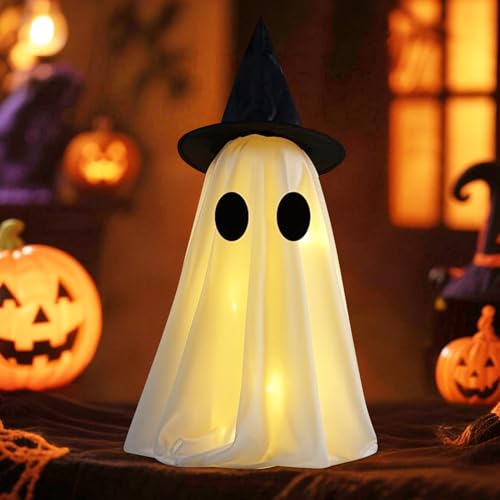 Halloween Deko Geist, 48/37CM Halloween Geist Deko Mit LED Licht Leuchtende Geist Dekor Mit Hut Oder Schleife Batteriebetrieben Helloween Beleuchtung Outdoor Für Helloween Dekoration Innen (A) von Timasser