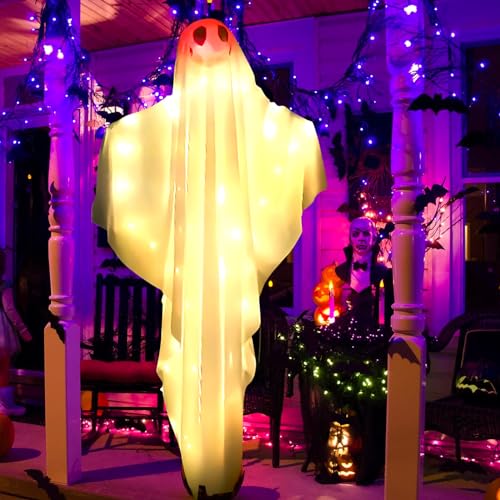 Halloween Deko Geist, 130cm Weißer Geister Deko mit LED Blinkender Hängende Gruseliger Fliegender Halloween Geister für Helloween Terrasse Karneval Baum Veranda Patio Rasen Vorgarten (Warmes Licht) von Timasser