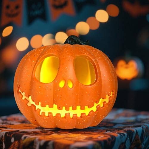 Halloween Deko Kürbis Laterne, 20cm Groß Plastik Kürbis Windlicht LED Pumpkin Halloween Deko Outdoor Pumpkin Windlicht Beleuchtete Kürbislaterne LED Kürbis Deko Outdoor Für Innen Herbstdeko (B) von Timasser
