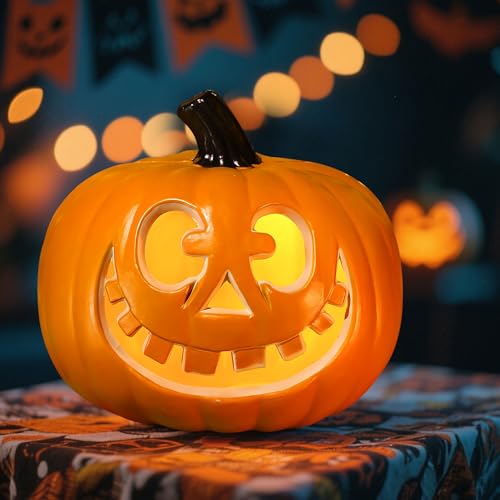 Halloween Deko Kürbis Laterne, 20cm Groß Plastik Kürbis Windlicht LED Pumpkin Halloween Deko Outdoor Pumpkin Windlicht Beleuchtete Kürbislaterne LED Kürbis Deko Outdoor Für Innen Herbstdeko (C) von Timasser