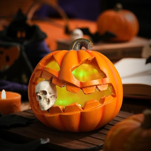 Halloween Deko Kürbis Laterne, 4 Zoll Harz Herbstdeko Kürbis Licht Mit LED-Lichtern Halloween Deko Outdoor Pumpkin Windlicht Mit Hohlem Mund Und Gruseligem Totenkopf Für Tischdeko Schlafzimmer Halloween Deko Kürbis Laterne, 4 Zoll Harz Herbstdeko Kürbis Licht Mit LED-Lichtern Halloween Deko Outdoor Pumpkin Windlicht Mit Hohlem Mund Und Gruseligem Totenkopf Für Tischdeko Schlafzimmer von Timasser