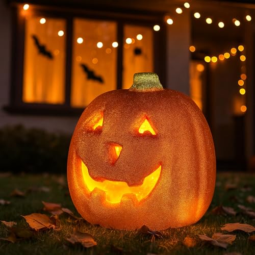 Halloween Deko Kürbis Laterne, Halloween Deko Outdoor LED Kürbis Helloween Dekorationen Plastik Kürbisse LED Horror Kürbisse Beleuchtung Tischdeko Herbstdeko Für Spukhaus Oder Garten von Timasser