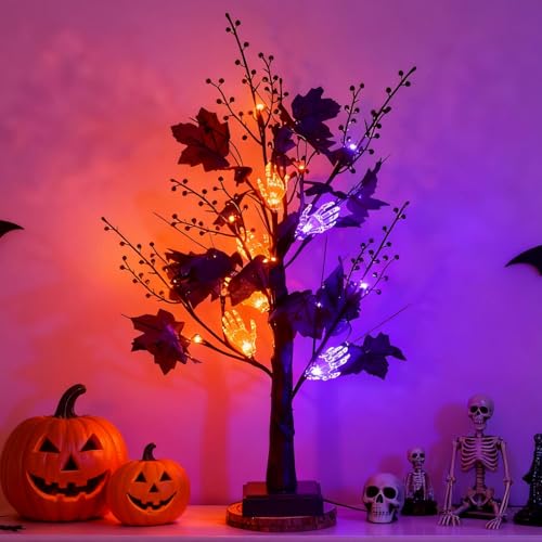 Halloween Deko LED Lichterbaum, 60 cm 24 LED Schwarzer Halloween Deko Innen Ahornblatt Led Baum Lichter Mit Lichtern Skeletthände Und Eicheln USB/Batteriebetriebene Herbstbaum Für Tisch Fenster von Timasser
