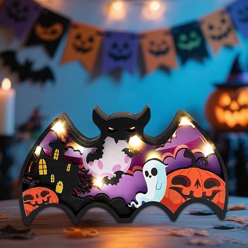 Halloween Fledermaus Deko Beleuchtete, Halloween Deko Innen Hölzerne Fledermaus Lichter Fledermäuse Helloween Dekorationen LED Tischdekoration Fledermäuse Für Helloween Dekorationen Geschenk (A) von Timasser