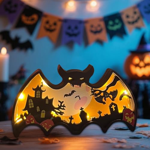 Halloween Fledermaus Deko Beleuchtete, Halloween Deko Innen Hölzerne Fledermaus Lichter Fledermäuse Helloween Dekorationen LED Tischdekoration Fledermäuse Für Helloween Dekorationen Geschenk (B) von Timasser