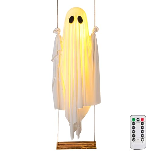 Halloween Hängende Geister Deko, 1,5 m Große Hängende Schaukel Mit LED Halloween Deko Beleuchtet Mit Lichterketten Und Fernbedienung Gruselige Süße Geister Deko Für Veranda Hof Baum von Timasser