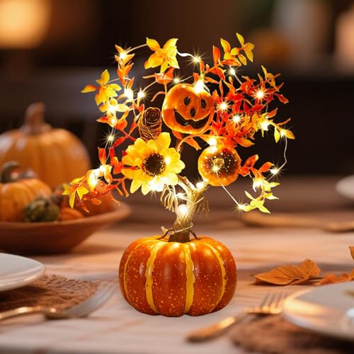 Herbst Deko Kürbis Baum Lichter, Herbstdeko Kürbis Lichterbaum mit 2m 20LED Lichterkette Künstliche Blumen Lichterbaum Herbstdeko LED Baum Herbst Dekoration Mit Ahornblat Batteriebetrieben (D) von Timasser