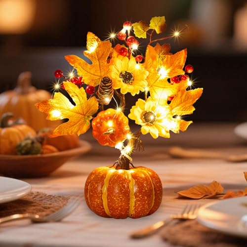 Herbst Deko Kürbis Baum Lichter, Herbstdeko Kürbis Lichterbaum mit 2m 20LED Lichterkette Künstliche Blumen Lichterbaum Herbstdeko LED Baum Herbst Dekoration Mit Ahornblatt Batteriebetrieben (A) von Timasser