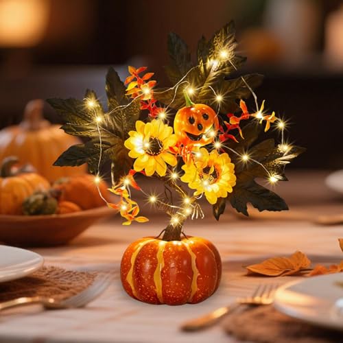 Herbst Deko Kürbis Baum Lichter, Herbstdeko Kürbis Lichterbaum mit 2m 20LED Lichterkette Künstliche Blumen Lichterbaum Herbstdeko LED Baum Herbst Dekoration Mit Ahornblatt Kürbis Batteriebetrieben (B) von Timasser