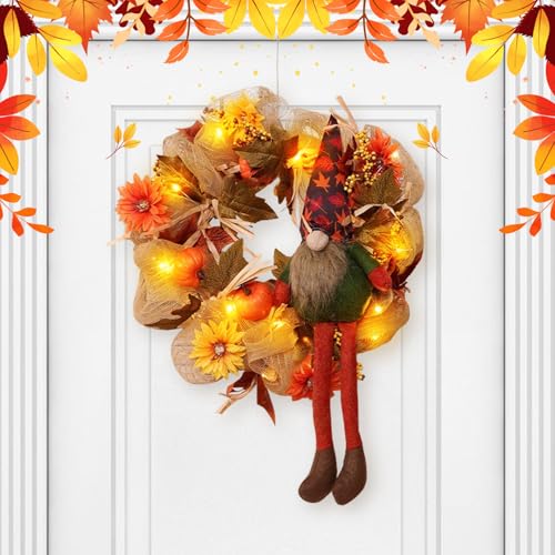 Herbstkranz Haustür, Türkranz Herbst Wichtel Mit Licht Türkranz Herbst Außen Wichtel Türdeko Fall Mit Ahornblättern Und Sonnenblumen Herbstdeko Tür herbstwichtel Für Halloween Deko (A) von Timasser