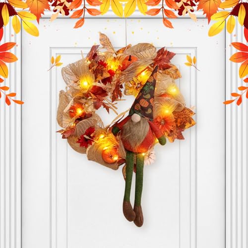 Herbstkranz Haustür, Türkranz Herbst Wichtel Mit Licht Türkranz Herbst Außen Wichtel Türdeko Fall Mit Ahornblättern Und Sonnenblumen Herbstdeko Tür herbstwichtel Für Halloween Deko (C) von Timasser