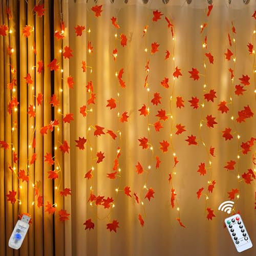 Lichterkette Herbst, 100LED Herbstdeko Ahornblätter Lichterkette Mit Fernbedienung Und Timer Herbst Deko Aesthetic Batteriebetrieben USB 8 Modi Ahornblatt Lichtervorhang Für Erntedankfest Herbstdeko von Timasser