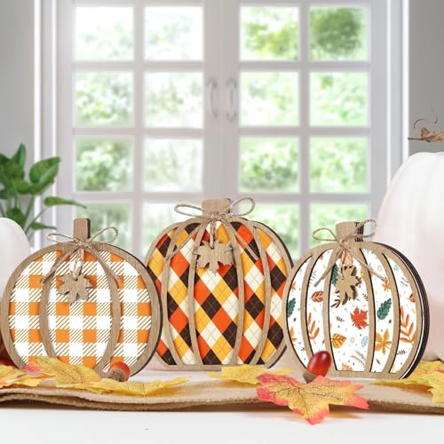 Timasser 3 Stück Herbstdeko Kürbis Deko, Holz Kürbis Herbstdeko Innen Halloween Kürbisse Pumpkin Dekoration Autumn Decor für Party Herbstzeit Dekorationen (B) von Timasser