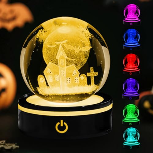 Timasser 80 mm Halloween Deko Kristallkugel, Halloween Kugeln mit LED Basis und 7 Lichtmodi Dekorative Kugeln 3D Crystal Ball mit Ständer Spooky Home Decor Halloween Ornamente (A) von Timasser