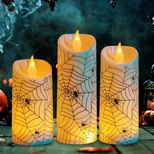 Timasser Halloween Deko Kerze, 3 Stück Halloween Led Kerzen Flammenlose Helloween Kerze mit Blut-Tränen-Spinnennetz-Muster und Warmes weißes Licht für Helloween Dekoration (A) von Timasser