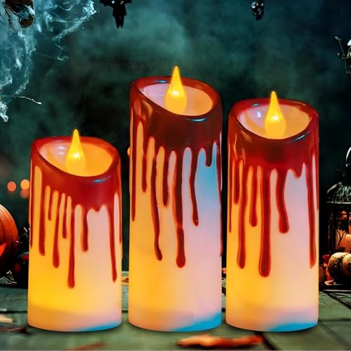 Timasser Halloween Deko Kerze, 3 Stück Halloween Led Kerzen Flammenlose Helloween Kerze mit Blut-Tränen-Spinnennetz-Muster und Warmes weißes Licht für Helloween Dekoration (B) von Timasser