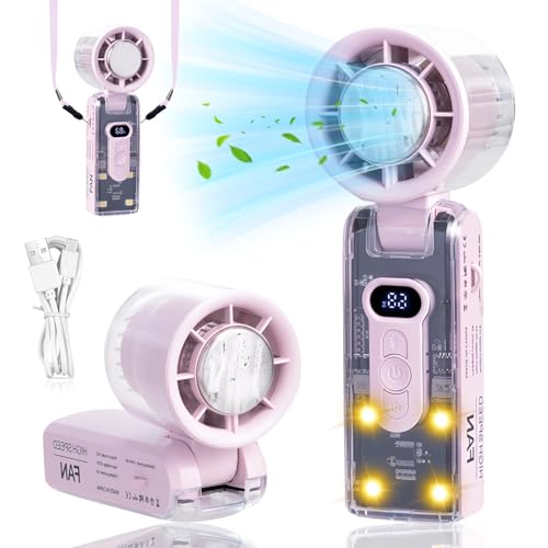 Tragbarer Handventilator, Faltbar Hand Ventilator mit Kühlplatte und LED Licht Tragbarer Ventilator 100 Stufen Einstellbar 3600 mAh Akku Portable Fan Transparentes Gehäuse (Rosa) von Timasser