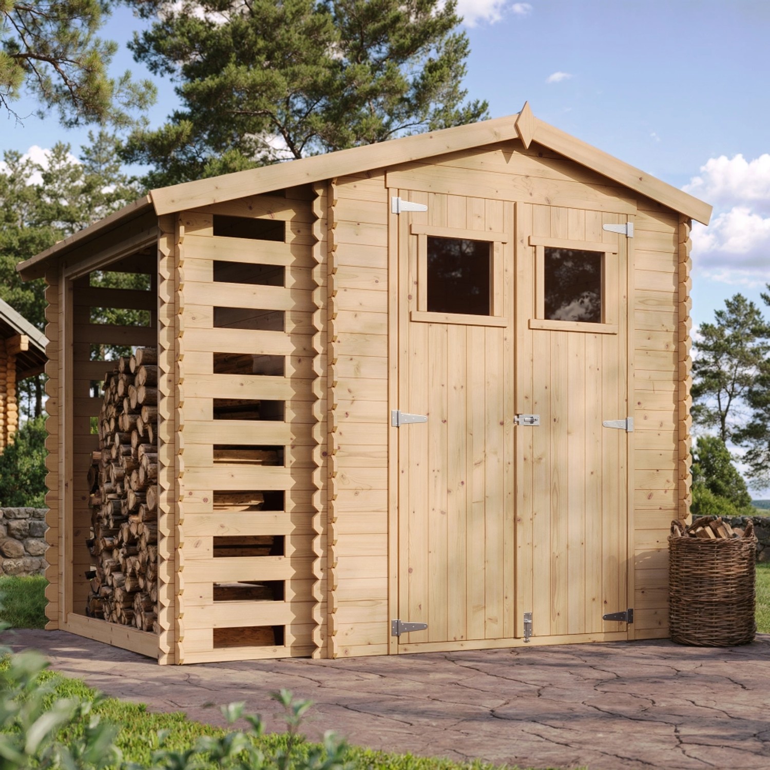Timbela Holz-Gartenhaus M386+M386G mit Boden Beige Braun 4,47 m² FSC® von Timbela