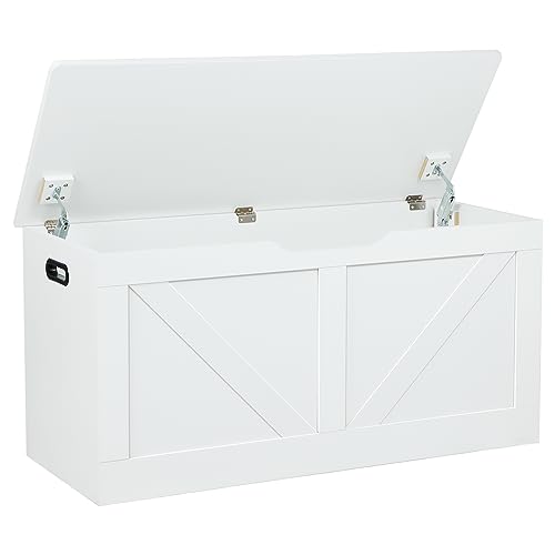 Timberer 100.1 cm Storage Chest Wooden Storage Bench Large Storage Trunk with 2 Safety Hinges, Entryway Shoes Bench for Living Room, Bedroom, White Timberer 100.1 cm Storage Chest Wooden Storage Bench Large Storage Trunk with 2 Safety Hinges, Entryway Shoes Bench for Living Room, Bedroom, White von Timberer