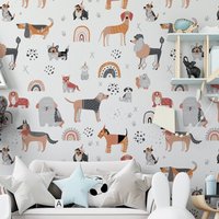Kinderzimmer Tapete. Hunde Und Welpen. Peel + Stick Traditionelle Optionen. Akzentwand. Kinder Für Kinder von TimberleaMinimal