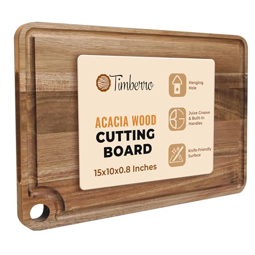 Timberro Schneidebrett aus Akazienholz (38,1 x 25,4 x 2,3 cm) – Massive Bio-Holz-Fleischbretter für die Küche, echtes Hartholz, Hackblock mit tiefer Saftrille, gut für die Theke von Timberro