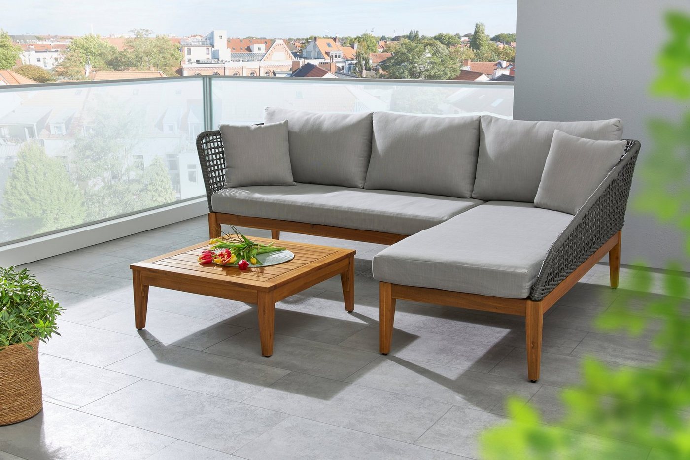 Timbers Gartenlounge-Set Sunnyvale, (Set, 3-tlg., 2x Sofa, 1x Tisch/Hocker 70x70x28 cm), inkl. Auflagen, Gestell aus hochwertigem Massivholz von Timbers