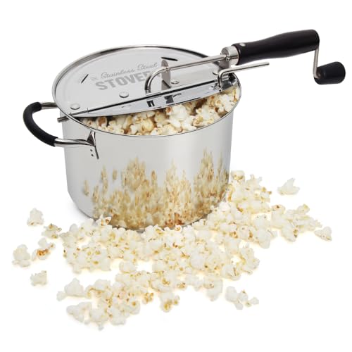 Time for Treats StovePop Popcorn-Popper aus Edelstahl – getriebelose Handkurbel, magnetischer Deckel, 6 Qt – Induktionsbereich kompatibel von Time for Treats