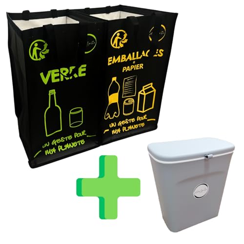 Recycling-Set (Version schwarz) – Beutel TRI SELECTIF – Mülleimer TRI SELECTIF – Komposteimer – Doppel-Mülleimer – Kompostierer (schwarz) von Time for life essential