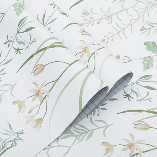 Timeet Tapete Selbstklebend 41x300cm Klebefolie Weiß Grün Blätter Blumen Selbstklebende Tapete Pflanze Möbelfolie Dekorfolie Wasserdicht Folie Vinyl für Wohnzimmer Schlafzimmer Möbel Schrank von Timeet