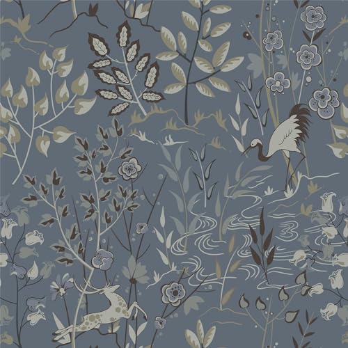 Timeet Klebefolie Blau Matt Selbstklebende Tapete Botanischer 39x1000cm Möbelfolie Selbstklebend Dunkelblau Tapeten Blumen Tier Muster Wasserdichte Vinyl Folie für Möbel Wand Schrank Schlafzimmer von Timeet