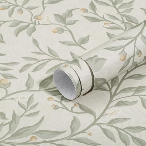 Timeet Klebefolie Möbel Beige Selbstklebende Tapete Grün Blätter Möbelaufkleber 41x1000cm Möbelfolie Selbstklebend Pflanzen Muster Wasserdichte Vinyl Folie für Möbel Küche Schrank von Timeet