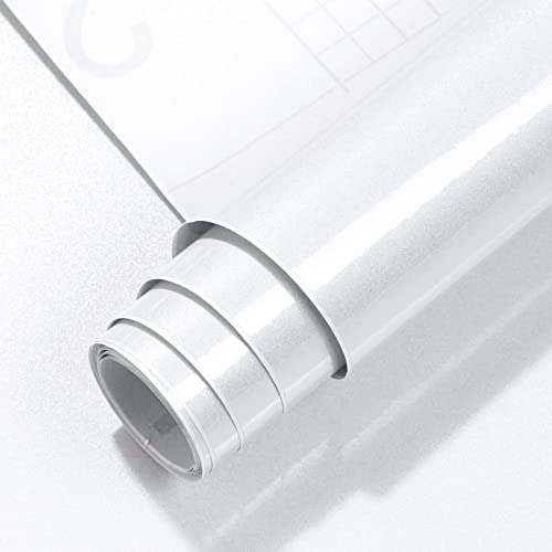 Timeet Klebefolie Möbel Weiss Glitzer Klebefolie Weiß Hochglanz PVC Möbelfolie Selbstklebend Tapete Weiß Glänzend Wasserdicht Möbelaufkleber Vinyl Folie für Möbel Küche Schränk Tisch 60x500cm von Timeet