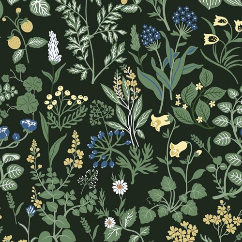 Timeet Selbstklebende Tapete Blumen Schwarz Klebefolie Möbel Möbelfolie Selbstklebend Blüten Beeren Muster Botanischer Blumentapete Möbelaufkleber Wasserfest Vinyl Folie für Möbel, Küche 44x300CM von Timeet