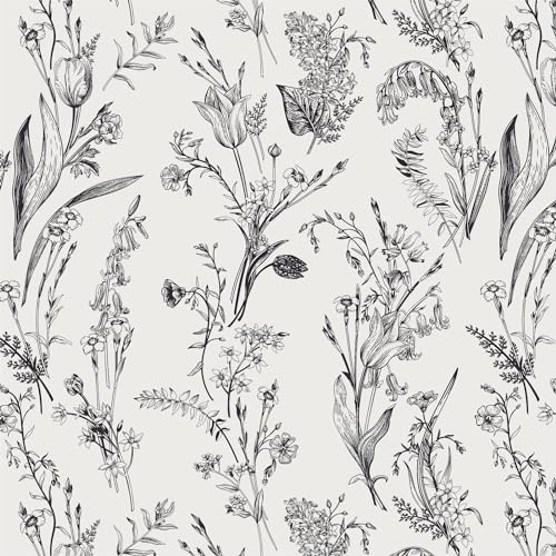 Timeet Selbstklebende Tapete Blumen Weiß Textur Klebefolie Muster Schwarz Botanischer Möbelfolie Selbstklebend 41x300cm Möbelaufkleber Wasserdichte Vinyl Folie für Möbel, Küche, Schlafzimmer von Timeet