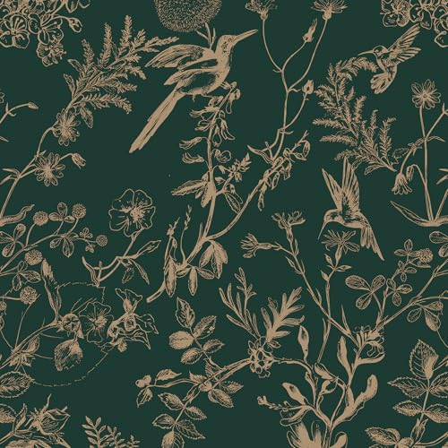 Timeet Selbstklebende Tapete Grün 41x1000cm Klebetapete Selbstklebend Vintage Möbelfolie Pflanze Vögel Blumen Blätter Vinyl Wasserdichte Klebefolie für Schlafzimmer Wohnzimmer Küche Wand Möbel von Timeet