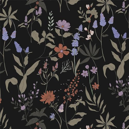 Timeet Selbstklebende Tapete Schwarz Botanischer Klebefolie Möbel Blumen Möbelfolie Selbstklebend Möbelaufkleber Lila Lavendel Muster Blumentapete Wasserfest Vinyl Folie für Möbel, Küche 44x300CM von Timeet