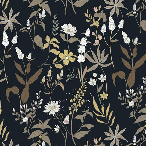 Timeet Selbstklebende Tapete Schwarz Botanischer Klebefolie Möbel Gelb Blumen Möbelfolie Selbstklebend Möbelaufkleber Lavendel Muster Bunt Blumentapete Wasserfest Vinyl Folie für Möbel, Küche 44x300CM von Timeet
