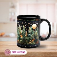 Mond Und Bäume Schwarze Tasse Winter Dekor Kaffeetasse Sterne Handbemalte Porzellan Keramik Latte Chai von TimelessBohoChic