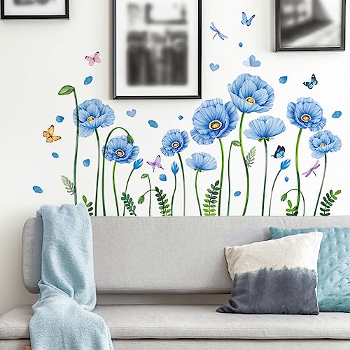 Timelesslong Wandtattoo Wanddeko Wohnzimmer Blumen Schmetterlinge Blau Wandsticker Pflanzen Deko Tapete Groß Rose Wandaufkleber Blume Wandbilder für Schlafzimmer Flur Büro Fensterbilder Deko von Timelesslong