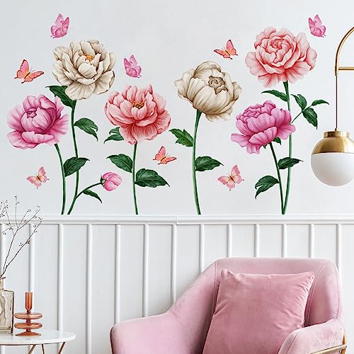 Timelesslong Wandtattoo Wohnzimmer Blumen Schmetterlinge Rosa Wandsticker Pflanzen Deko Tapete Groß Rose Wandaufkleber Blume Wanddeko Wandbilder für Schlafzimmer Flur Büro Fensterbilder Deko von Timelesslong