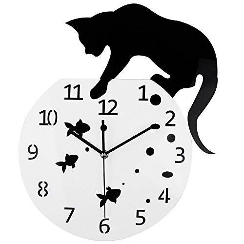 Timelike Fishbowl Katzenuhr/kreative Wanduhren/Home DIY Dekoration Uhr/Katze auf Uhr Wohnzimmer Spiegel 3D Wanddesign Schwarz/Weiß von Timelike