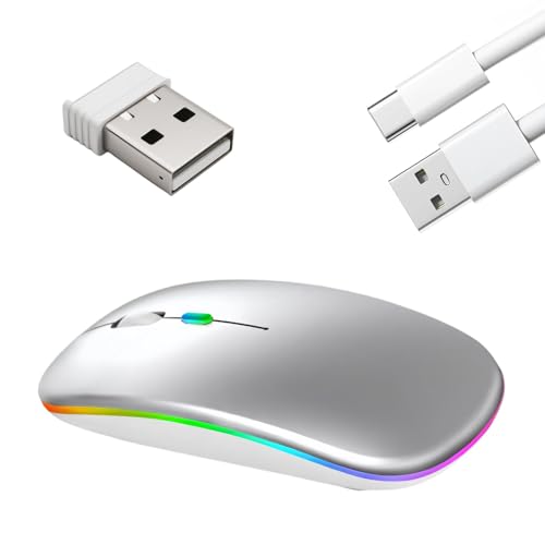 Times Mark Silver Wireless Bluetooth Mouse Slim Portable Rechargeale Bluetooth Mouse Dual Mode 2.4Ghz Optical Office Wireless LED Mute button, for PC, MacBook, Laptops, Windows, Mac OS, iPad OS von Times Mark
