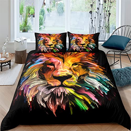Timiany 3D Lion Bettwäsche Set 135x200 cm Buntes Löwe Bettbezug Helles Gelb-Rot mit Reißveschluss+Kissenbezug 50x75 cm von Timiany