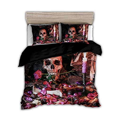 Timiany 3D Skull Gotisch 3 Teilig Bettwäsche-Set,Mikrofaser Halloween Teufel Thema Gotisches Bettbezug Set220×240cm+ 2 Kissenbezüge 80×80cm (3D Totenkopf,155x220+80x80) von Timiany