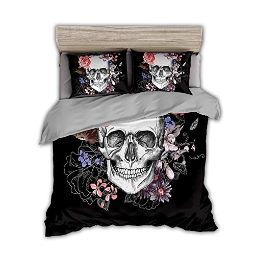 Timiany 3D Skull Gotisch 3 Teilig Bettwäsche-Set,Mikrofaser Halloween Teufel Thema Gotisches Bettbezug Set220×240cm+ 2 Kissenbezüge 80×80cm (Gothic Stil,135x200+80x80) von Timiany