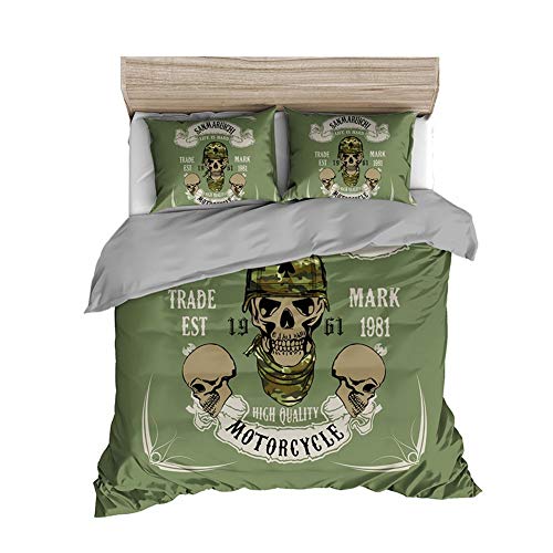 Timiany 3D Skull Gotisch 3 Teilig Bettwäsche-Set,Mikrofaser Halloween Teufel Thema Gotisches Bettbezug Set220×240cm+ 2 Kissenbezüge 80×80cm (Grüner Schädel,155x220+80x80) von Timiany