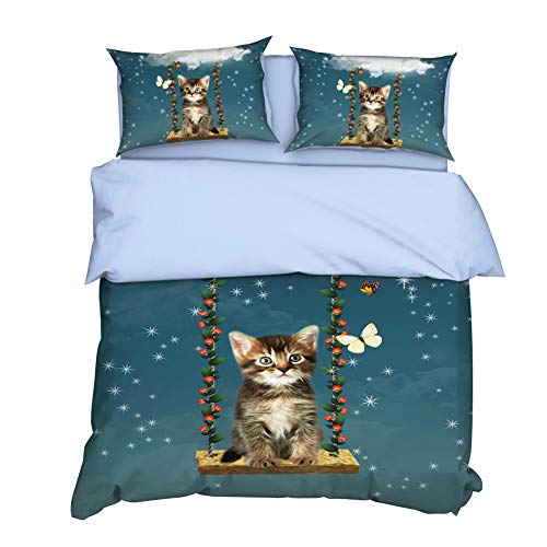 Timiany Bettwäsche Katze Bettbezüge Set Tier Blume Süßes Haustier Bett Sets 2/3Teilig Bettbezüge/Kissenbezüge/Bettlaken Für Kinder,Jungen,Mädchen200×200+50×75cm (Katze F,155x220+50x75) von Timiany