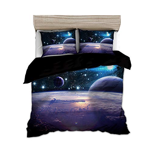 Timiany Bettwäsche-Set 3D Galaxy Sternenhimmel Universum Mond Duvet Quilt Und Kissenbezug135x200+80x80cm Kids Weltall Bettbezug Für Einzel-/ Doppelbetten (Planeten,220x240+80x80) von Timiany